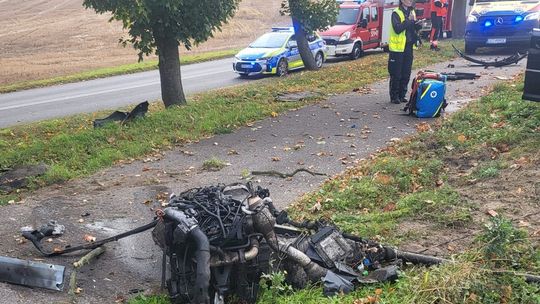 Owidz: Brawura 18-letniego kierowcy Audi. Silnik wypadł z pojazdu po uderzeniu w drzewo
