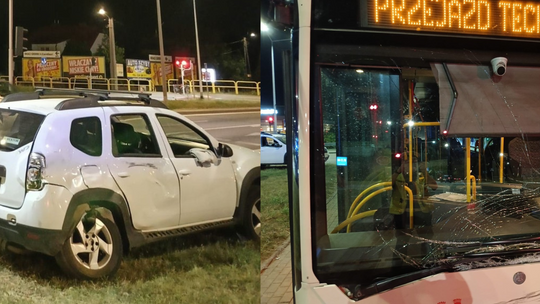 Tczew: Na alei Solidarności samochód osobowy zderzył się z autobusem. Kierowca osobówki był pijany