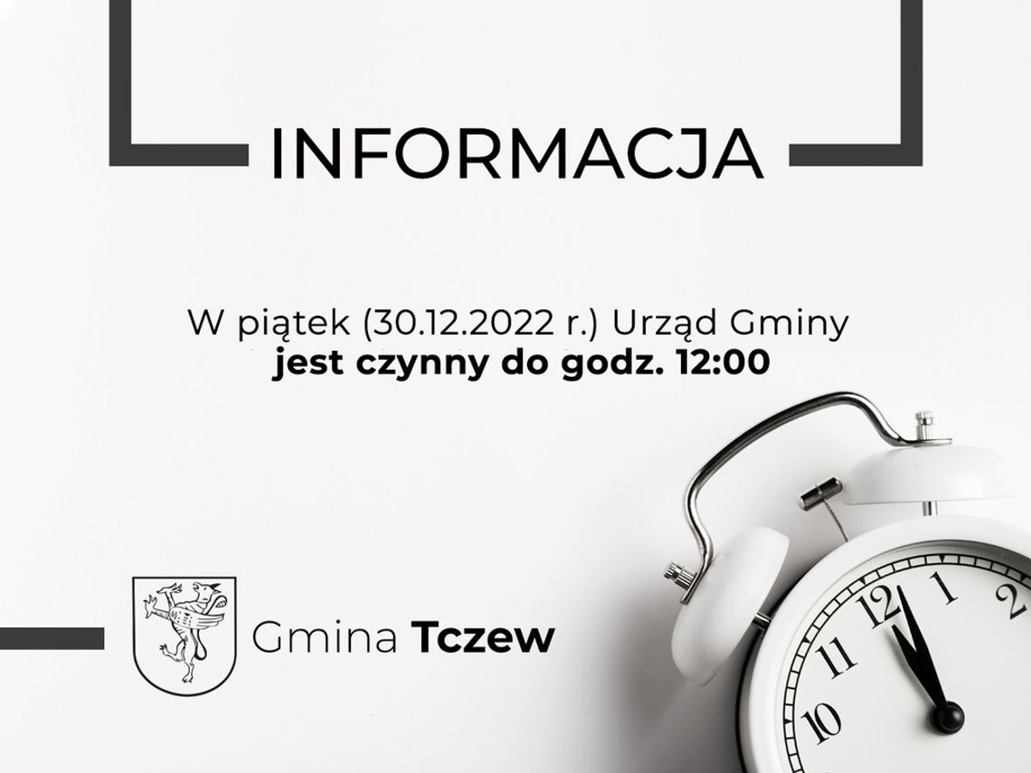 30 grudnia Urząd Gminy Tczew pracuje krócej