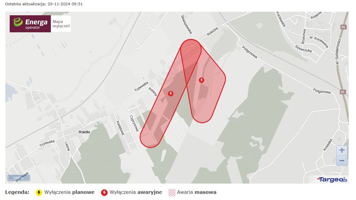 Brak prądu w części Tczewa i Rokitek. Przyczyną drzewo