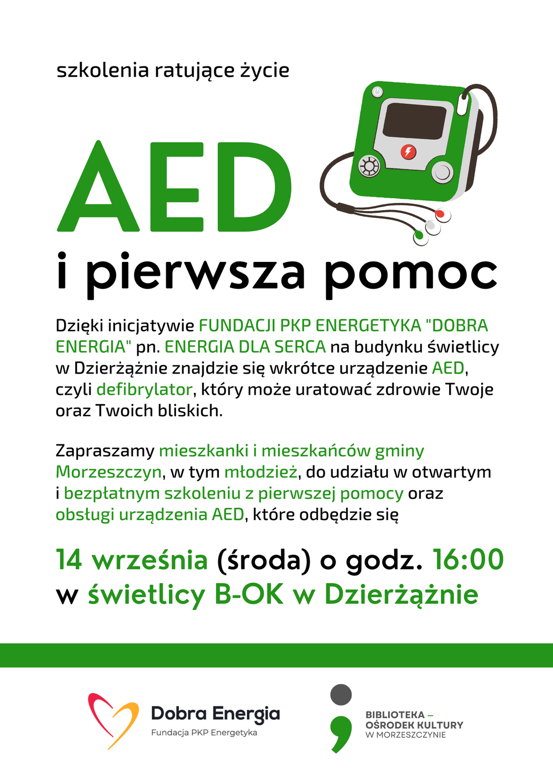 Dzierżążno zyska nowy defibrylator AED. Szkolenie z obsługi dla mieszkańców gminy już 14 września