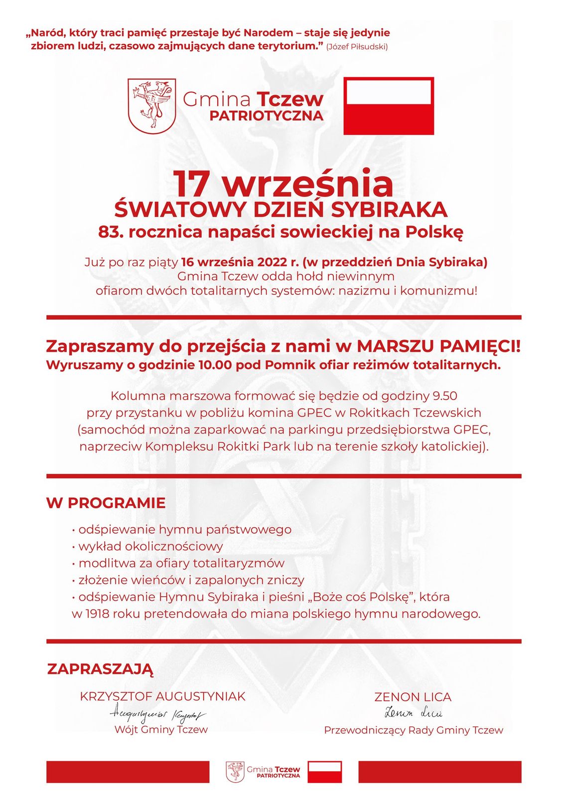 Już jutro Gmina Tczew odda hołd ofiarom totalitarnych systemów. 16 września odbędzie się marsz upamiętniający poległych w 83. rocznicę napaści sowieckiej na Polskę