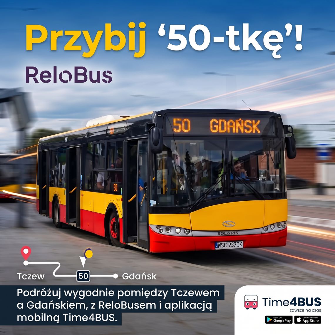 „Przybij 50-tkę z ReloBusem”. Pasażerowie na trasie Tczew – Gdańsk zyskali rozkład jazdy na żywo „Przybij 50-tkę z ReloBusem”. Pasażerowie na trasie Tczew – Gdańsk zyskali rozkład jazdy na żywo