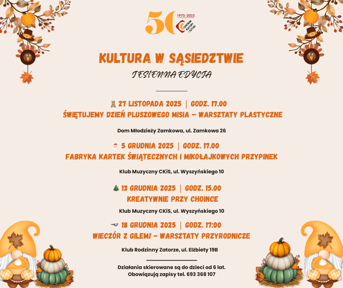 Kultura w sąsiedztwie - warsztaty kreatywne dla dzieci - jesień 2025 Kultura w sąsiedztwie - warsztaty kreatywne dla dzieci - jesień 2025