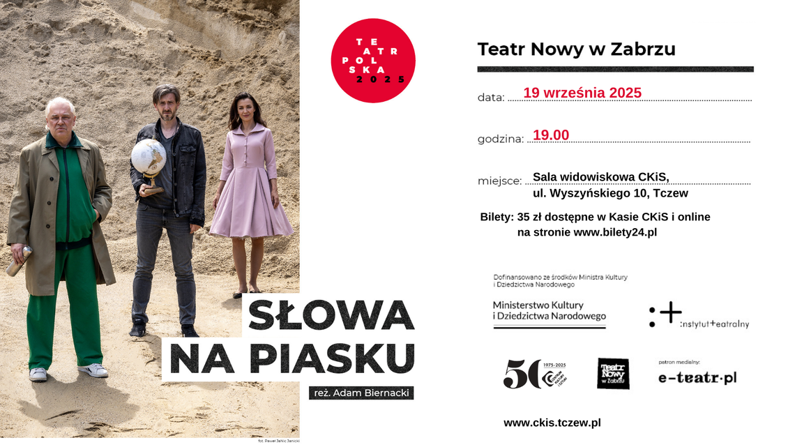 Słowa na piasku – spektakl w wykonaniu Teatru Nowego w Zabrzu | Program Teatr Polska Słowa na piasku – spektakl w wykonaniu Teatru Nowego w Zabrzu | Program Teatr Polska